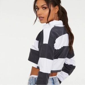 🖤🖤 Pretty Little Thing BLACK STRIPE COLLAR POLO LONG SLEEVE CROP TOP-SZ 8🖤NWT
